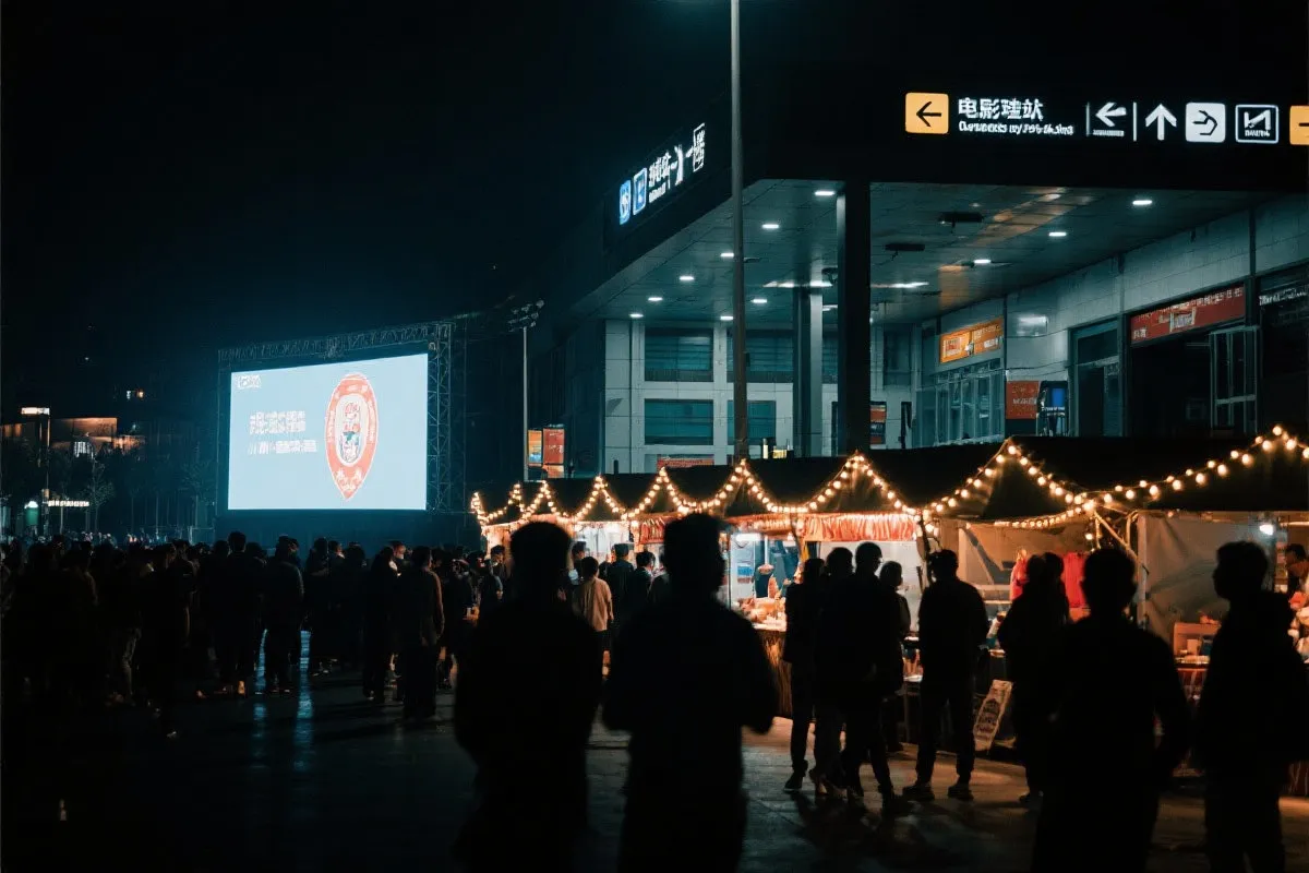 费城球迷广场夜景：大屏观赛人群、步行指示牌与公共交通入口